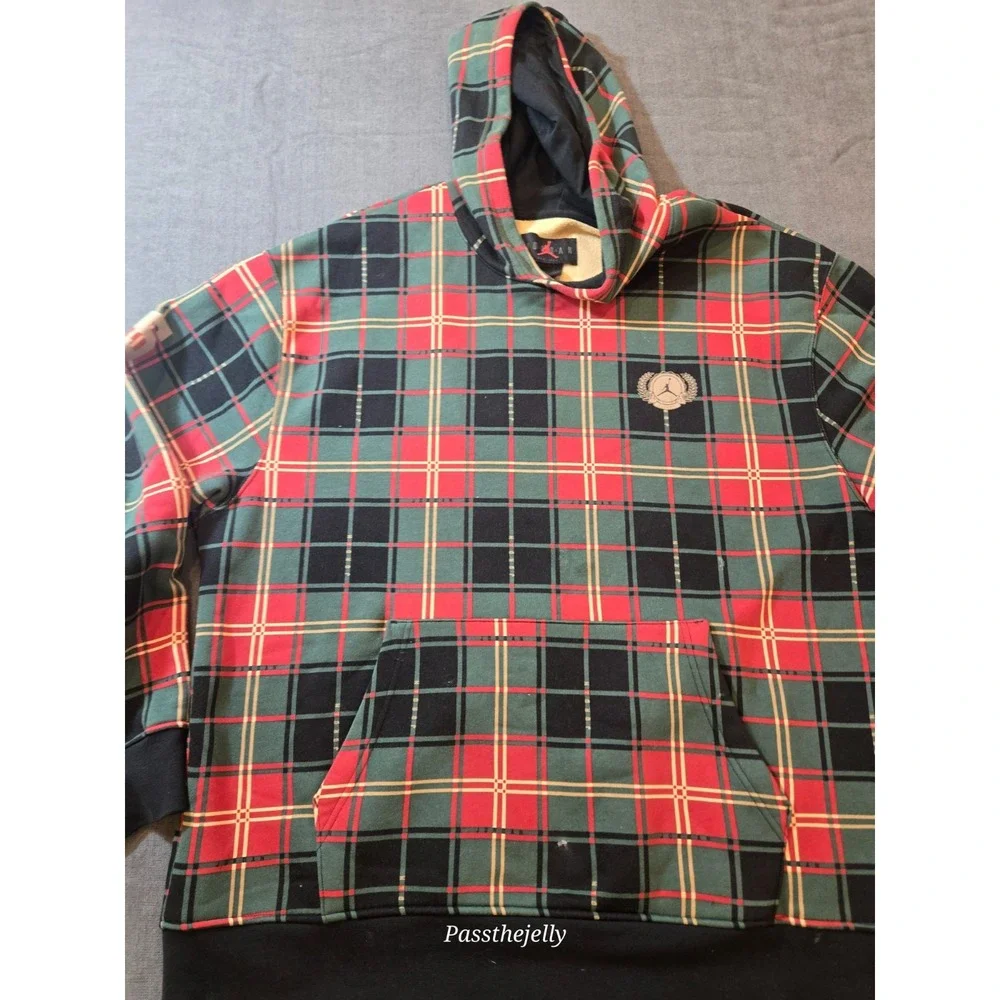 NIKE Jordan Essentials Fleece Pullover Hoodie Men XL Green Red Plaid '85 Jumpman